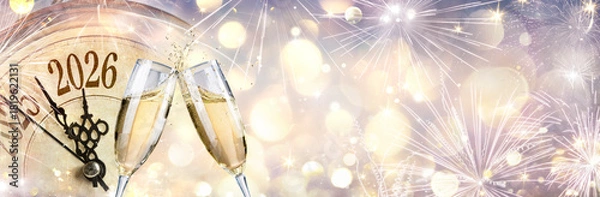 Obraz 2026 - New Year Celebration With Champagne And Clock - Toast With Flutes - Abstract Defocused Bokeh Lights