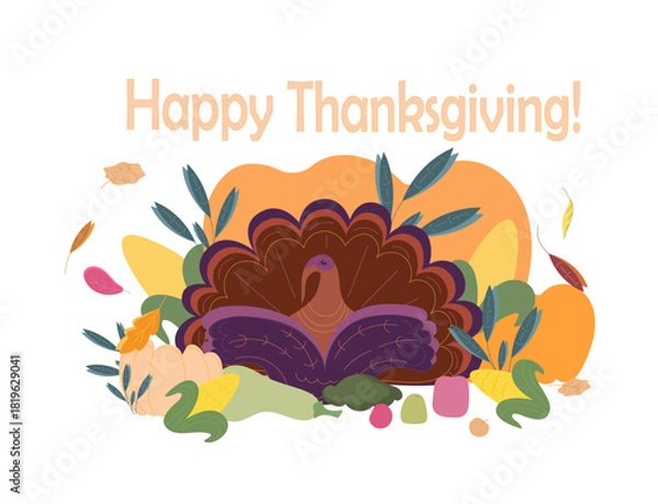 Obraz Minimalist image, illustration. Happy Thanksgiving, flat minimalist design. Greeting cards, banners, flyers, print with live turkey and autumn vegetables