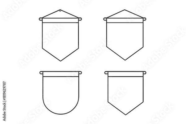 Fototapeta Blank hanging pennant banner shapes outline set for graphic design