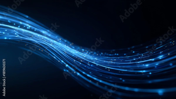 Fototapeta A dynamic wave of blue light particles demonstrating energy and motion in a digital space.