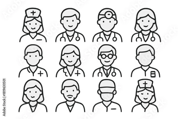 Fototapeta Set of diverse healthcare professionals and medical staff avatar icons in simple outline style