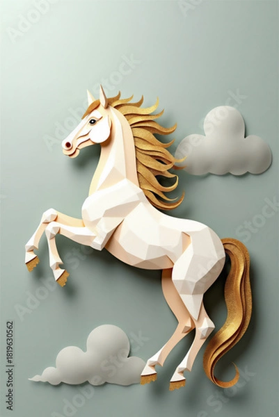 Fototapeta White paper horse sculpture in geometric low poly style rearing up with golden mane. 3D origami craft art with dimensional layers and clouds creates elegant modern design.