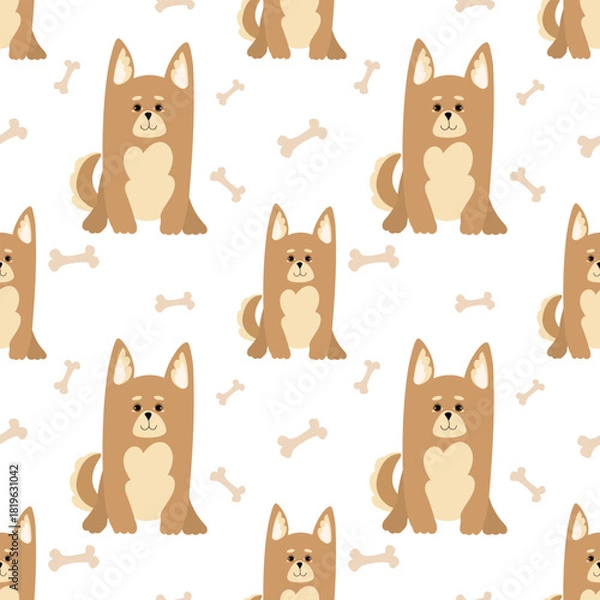 Obraz Cute doggies seamless pattern. Pet objects and dogs isolated on light background. Seamless pattern with cartoon corgi dogs and bones, dog food .Vector.Design for packaging of products and dog food.