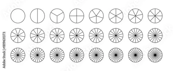 Obraz Parts of diagram wheel from 1 to 24. Pie chart template. Segmented charts. Coaching blank. Sectors divide the circle on equal parts. Outline black graphics. Pie charts, pizza charts set. Segments info