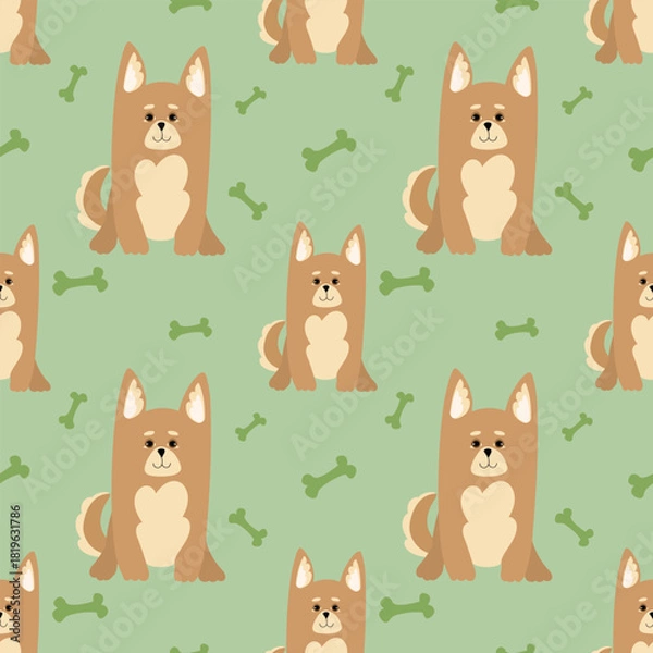 Fototapeta Cute doggies seamless pattern. Pet objects and dogs isolated on bright background. Seamless pattern with cartoon corgi dogs and bones, dog food .Vector.Design for packaging of products and dog food.