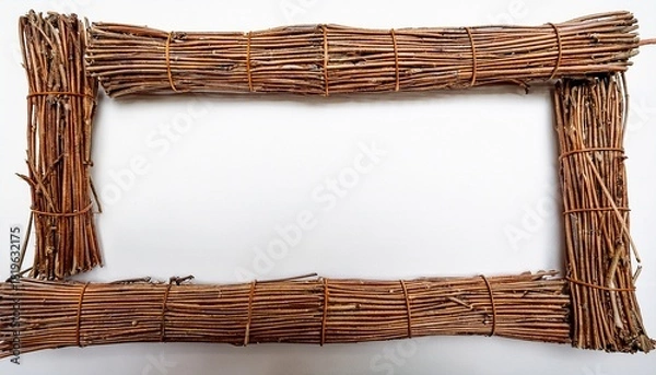 Obraz rectangular frame made of small brown and tan twigs horizontally and vertically arranged with a white background