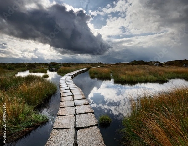 Fototapeta serene landscape with winding stone pathway over reflective wetlands under cloudy sky surrounded