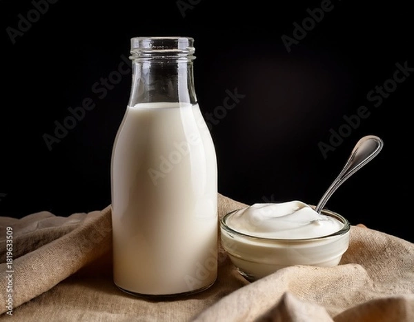 Obraz milk in a glass bottle rests beside a spoon of cream on a beige cloth against a black background
