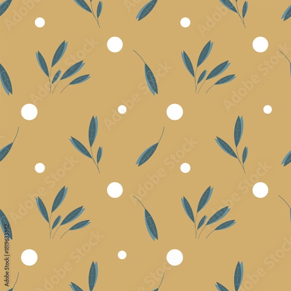 Fototapeta Modern seamless pattern with wild floral elements and snowflakes in cold tones. Hand-drawn vector sketch illustration in doodle style. Wallpaper, Scrapbook,New Year's background