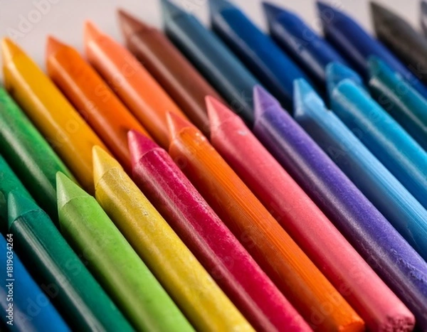 Fototapeta close up view of numerous colorful sharpened crayons arranged tightly in rows forming vibrant