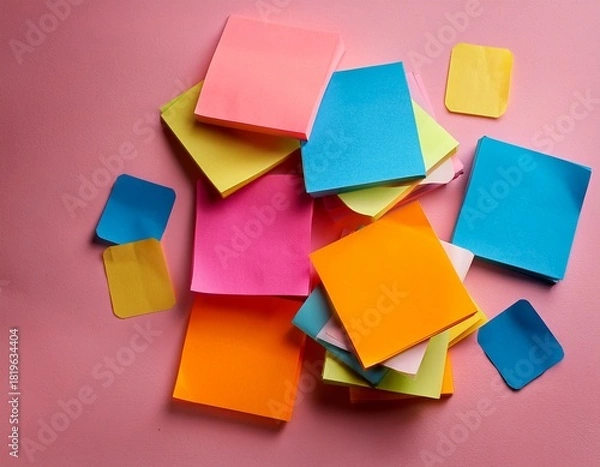 Fototapeta sticky notes of various colors stacked and scattered on a pink surface