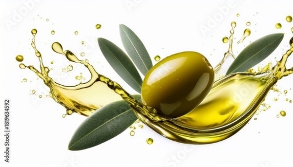 Fototapeta olive oil splash with olive and leaves isolated on white