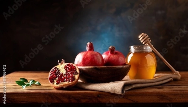 Fototapeta still life composition of ripe pomegranates in wooden bowl and honey jar on rustic wooden table