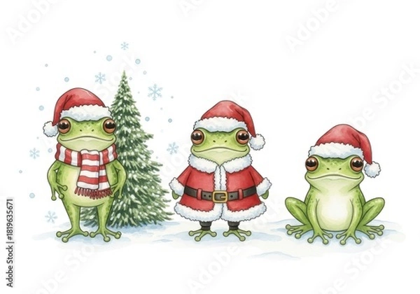 Fototapeta Three cartoon frogs dressed as santa claus and a snowman stand next to a christmas tree