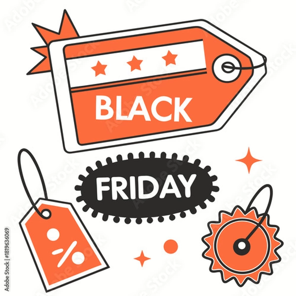 Obraz Black Friday sale tags. Plastic badges and price tags with Black Friday text. Black Friday promotional banners, discount labels collection. Vector art
