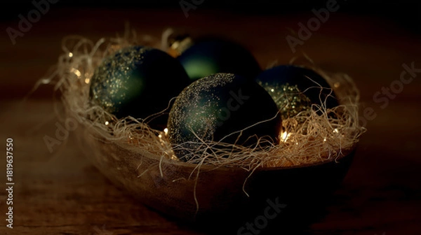 Fototapeta dark emerald christmas ornaments resting in warm straw nest with soft golden festive glow
