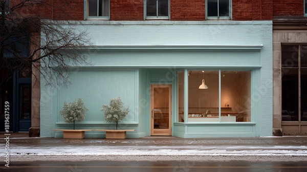 Fototapeta Winter facade of a small local shop with mint painted walls frosted trees display window and warm interior lighting concept of small business retail branding