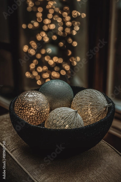 Obraz Elegant glowing christmas ornaments in a dark bowl with warm festive bokeh lights in the background