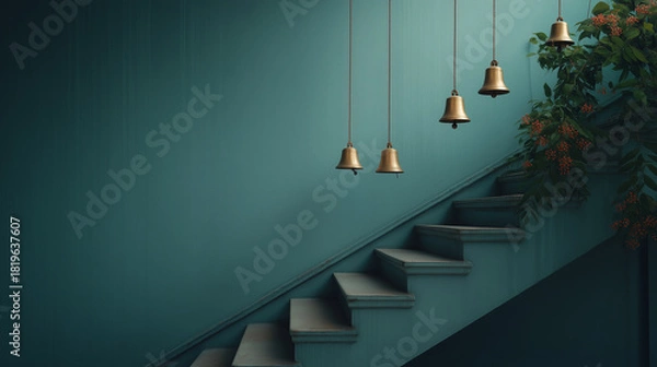 Obraz Golden bells hanging above teal staircase creating festive holiday decor concept of christmas interior styling winter ambiance
