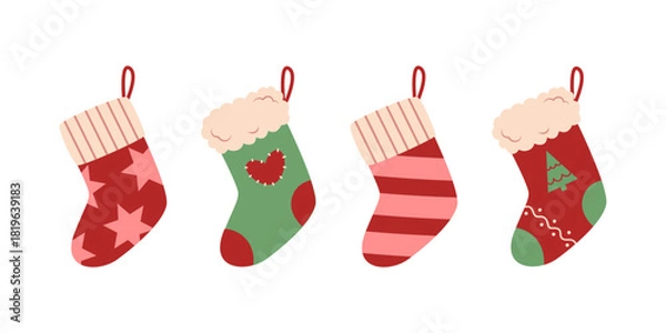 Obraz Set of different Christmas socks. Traditional decorative element. Vector elements on a white background.