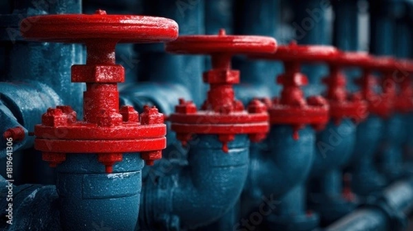 Fototapeta Row of red industrial valves on blue pipes in a factory setting
