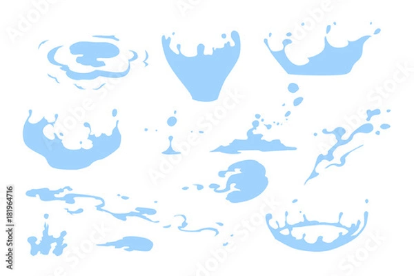 Fototapeta Set of water splash clipart, water drops and crown from falling into the water, isolated vector illustration for effects design