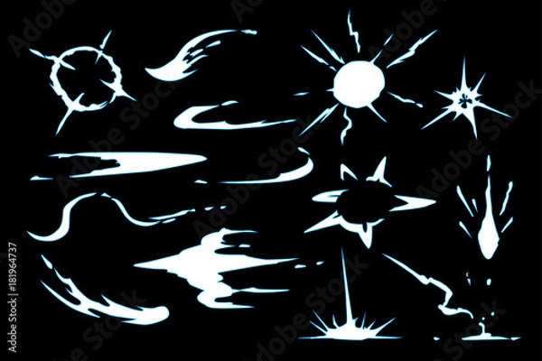 Fototapeta Splash vector flare effect for game. Energy explode effect animation. Cartoon explosion frames with smoke stock vector template. Sparkle shiny burst bombs VFX sprite set
