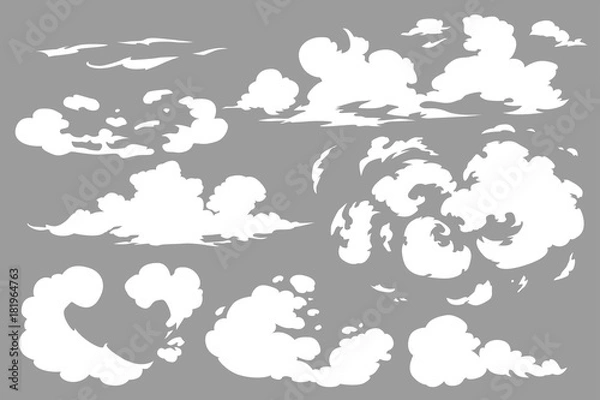 Fototapeta Vector smoke special effects template. Steam clouds, fog, watery vapour or dust explosion 2D VFX clipart elements for game, print, advertising and web design