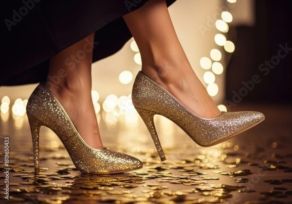 Obraz Elegant woman wearing sparkling gold glitter high heel shoes, standing on a floor covered in confetti with bokeh lights in the background, celebrating a special occasion