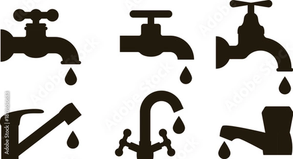 Obraz vector water tap icons isolated on white background. symbol of water drop from the tap. leaky water faucet illustration. types of water taps