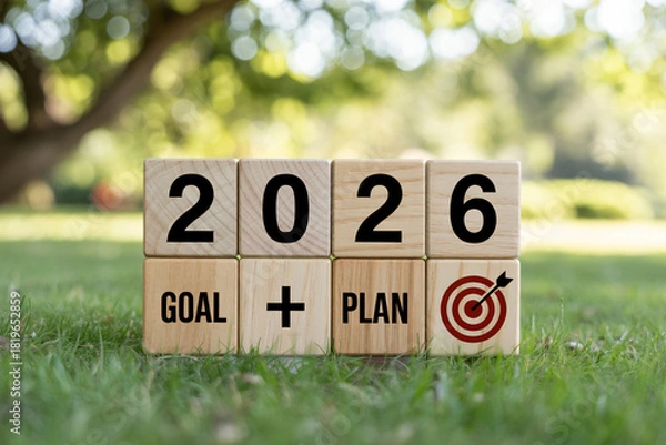 Obraz 2026 goal plan target success future planning strategy achievement vision wooden blocks grass outdoors focus growth opportunity time.