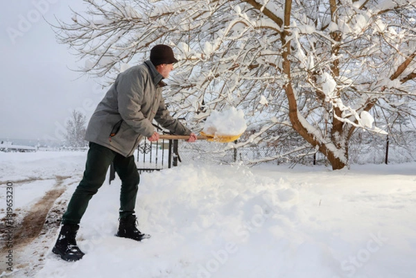 Obraz Man is removing snow after the snowfall.