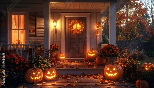 Fototapeta Halloween Porch Display - Illuminated Pumpkins and Festive Wreath.