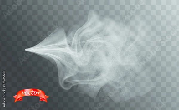 Fototapeta Perfume aerosol water spray,cosmetic vial pulverizer white smoke design.Drops,dust and dots cloud,atomizer mist. Fog vector effect. Insecticide particles.Boiling kettle steam on transparent background