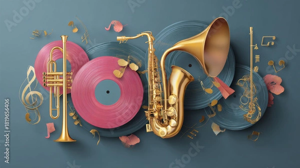 Fototapeta Golden music promotional poster featuring musical instruments and notes in an artistic, playful vector design with a vinyl record. Perfect for concerts, music festivals, shows, and party flyers.
