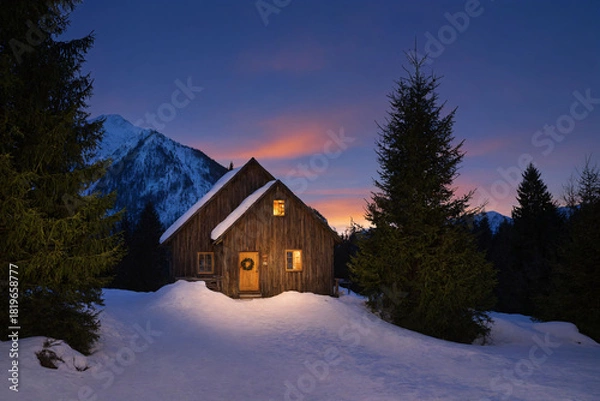 Obraz house in the mountains at sunset