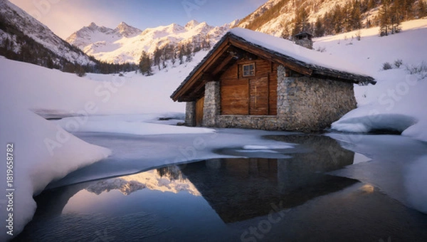 Obraz Little house by the lake among snow and ice in the mountains.