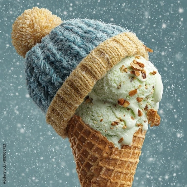Fototapeta Funny Mint Ice Cream With Knitted Hat Dressed for Winter Snow.  Winter Humor.