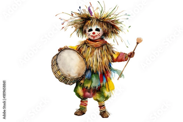 Fototapeta Folk Costume Mummer Boy with Drum Isolated on Transparent Background