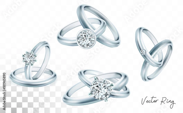 Fototapeta Wedding rings set of silver, palladium metal with diamonds, zircons and gems on transparent background isolated vector illustration for ads, flyers, wed site sale elements design