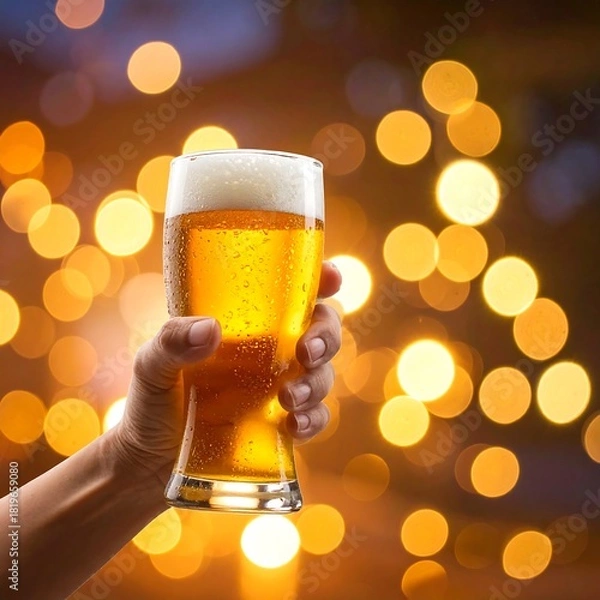 Obraz Hand Holding a Glass of Beer Against Bokeh Lights.