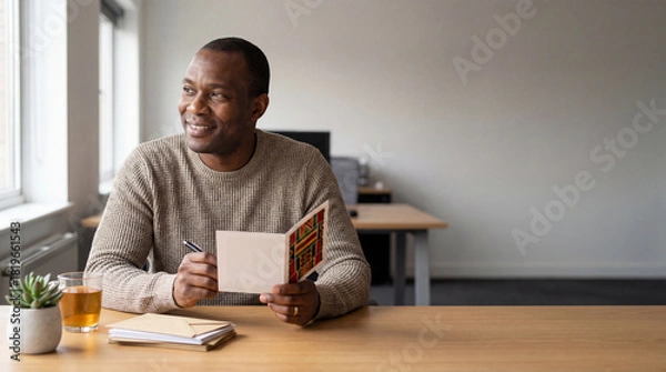 Fototapeta A thoughtful professional finds a spark of inspiration, pen in hand, as he holds a card, with a cup of tea by his side and gazing out the window. Christmas gift card, middle aged blackman