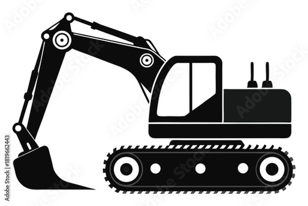 Fototapeta Black excavator machine showcased with bucket and track details in a clear side view