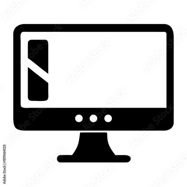 Obraz Black and white icon of a classic desktop computer monitor with a stand and three indicator lights, featuring a reflective screen