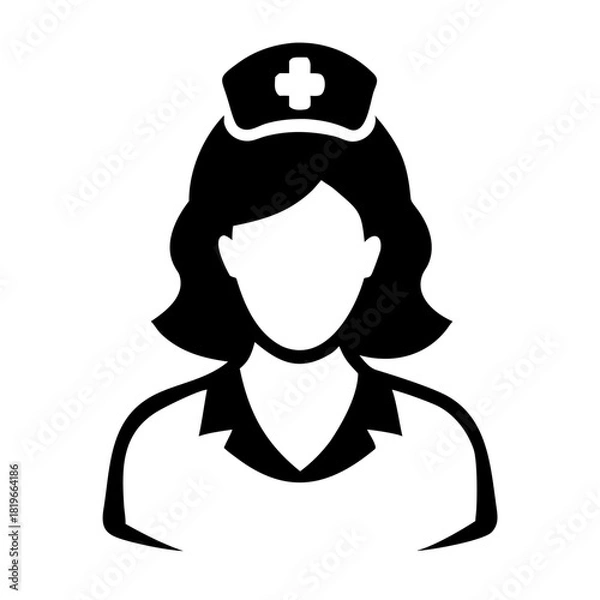 Fototapeta A black and white icon depicting a female nurse wearing a uniform and cap with a cross symbol, representing healthcare and medical professions