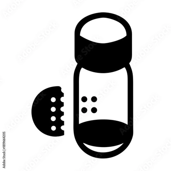Obraz A minimalist black and white icon depicting a classic salt or pepper shaker, with a portion of the lid removed to show the dispensing holes, symbolizing seasoning, flavor, and culinary preparation