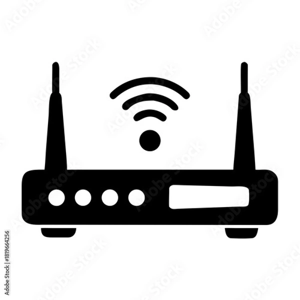 Fototapeta Simple black silhouette of a wireless router with antennas and a wifi symbol, illustrating home networking and digital communication