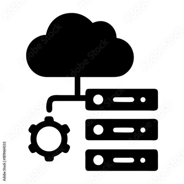 Fototapeta Cloud computing infrastructure with server racks and a gear icon, symbolizing data processing, storage, and network management in a modern digital environment