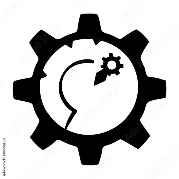 Fototapeta A black gear icon with a clocklike symbol inside, representing concepts of time management, mechanical efficiency, process optimization, and industrial settings