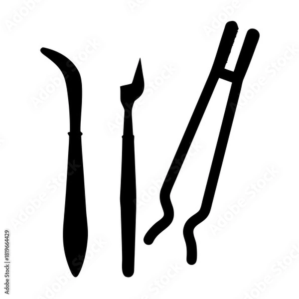 Fototapeta Black silhouettes of precision tools a curved knife, a straightbladed instrument, and forceps, these essential implements are suitable for medical, crafting, or laboratory work